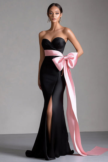Mermaid Strapless Long Black Tie Dress with Slit